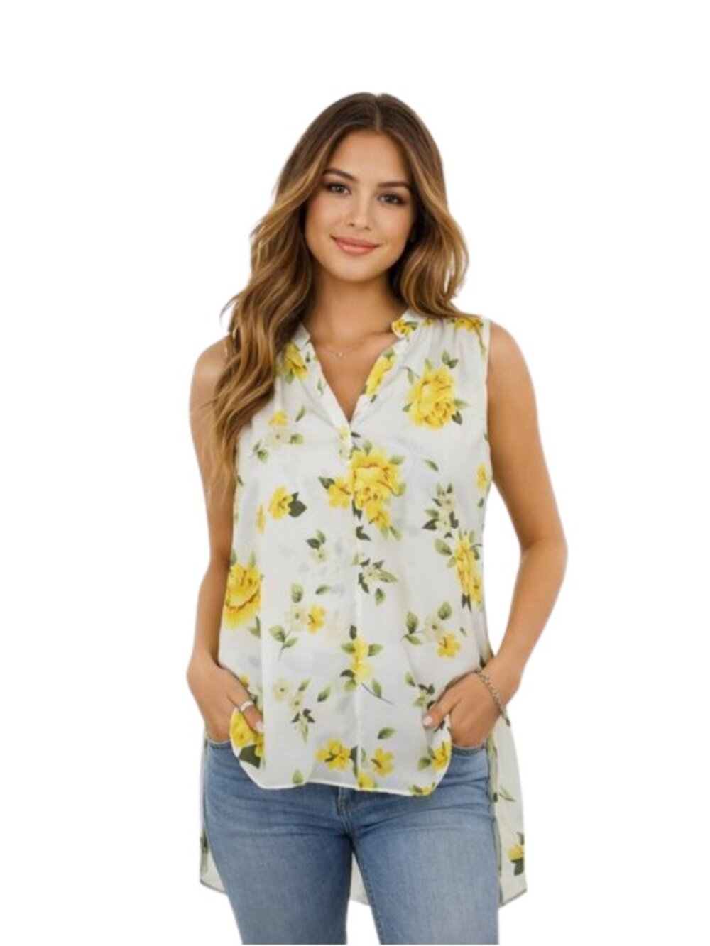 Mileage Floral High Low Blouse | Flowy Sleeveless Split Back Top | Size M
